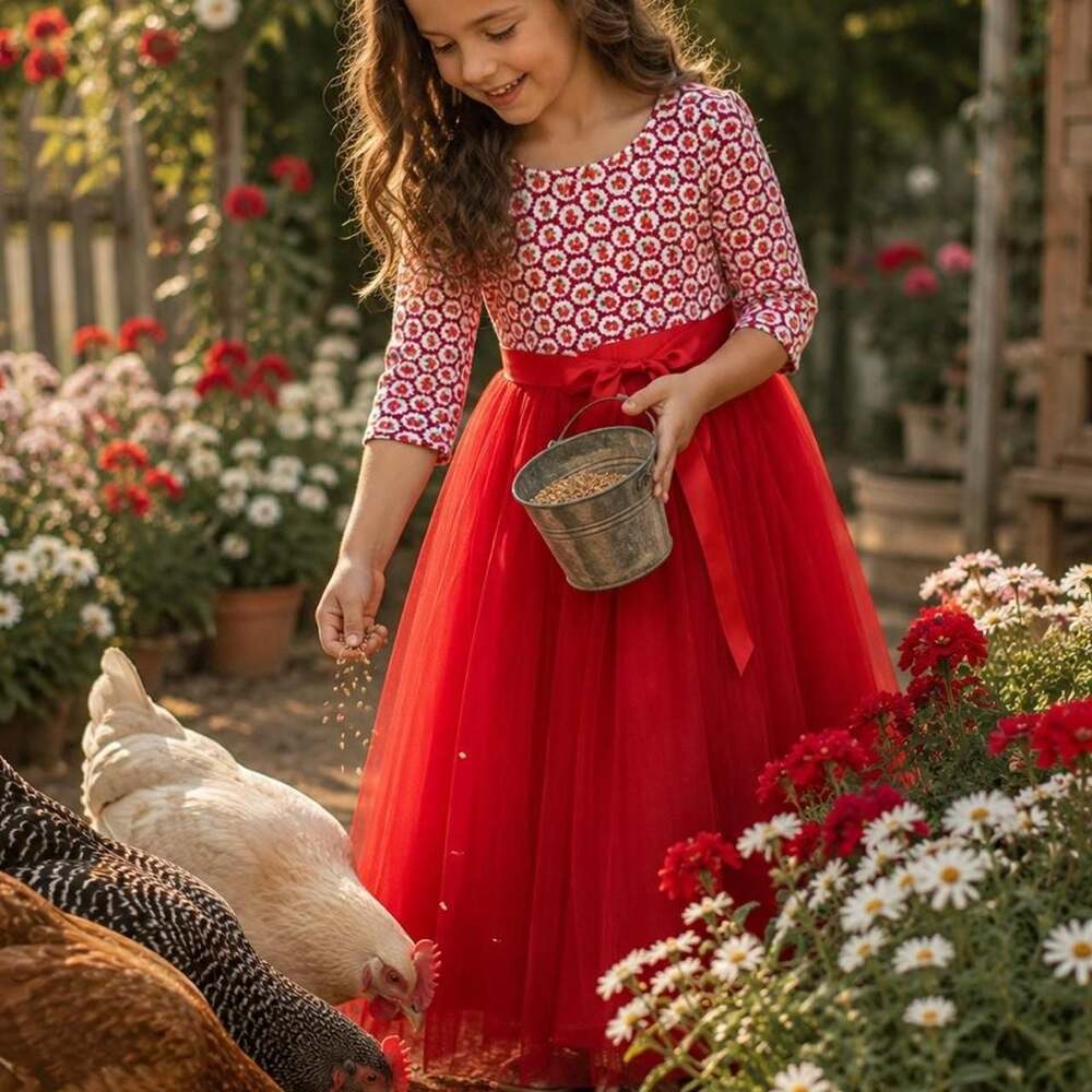 Boutique Floral Bodice Tulle Dress Red White Size 10-12